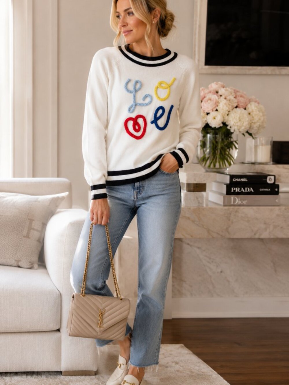ALICE + OLIVIA Albina "LOVE" Embroidered Merino Wool Sweater White